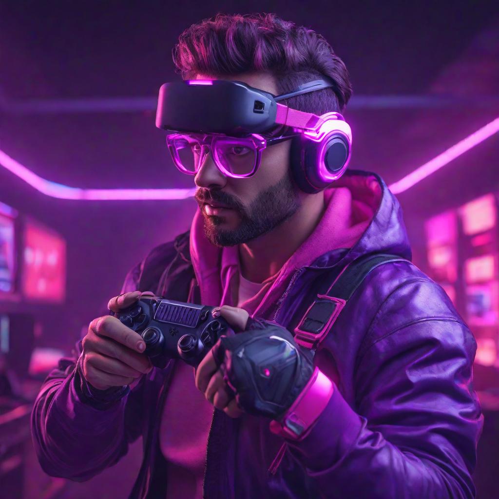  gamer man in ar glasses, retro style, neon pink and violet colors, active, in action, gripped with the game, cute, hyper detail, full HD hyperrealistic, full body, detailed clothing, highly detailed, cinematic lighting, stunningly beautiful, intricate, sharp focus, f/1. 8, 85mm, (centered image composition), (professionally color graded), ((bright soft diffused light)), volumetric fog, trending on instagram, trending on tumblr, HDR 4K, 8K