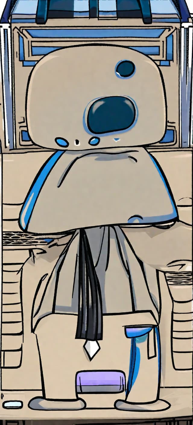  A anime character with a black tv on his head, black arms and legs, blue torso, a scarf, a neutral face on the tv, blue srods on his back