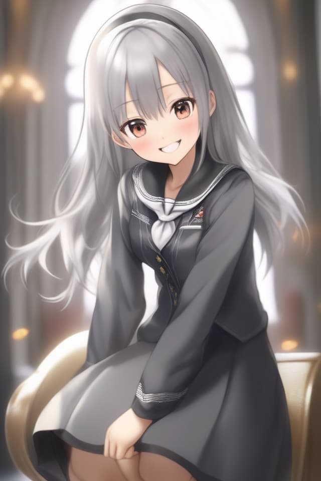  6歳の女の子、Masterpiece,western,beautiful old ,beautiful silver hair,amber eyes {charcoal gray wool fabric,((white round collar,)) one piece uniform} smile,entrance ceremony,,high quality,high definition,8k,16k