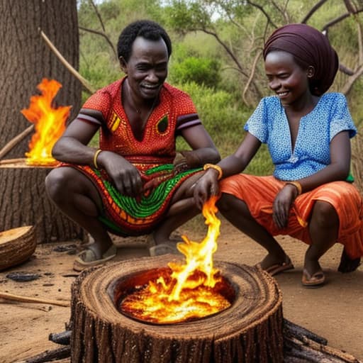  African family cooking food on fire wood