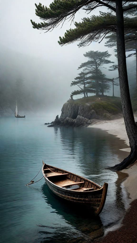  (A small coastal village nestled under the shadow of ancient, whispering pines. In the calm, misty waters, a weathered old fisherman's boat, the "Silver Fin", navigates through the fog as he spots an ornate, sea soaked bottle floating on the surface, holding a parchment map marked with mysterious symbols and a path leading to a hidden cove on the nearby island.) hyperrealistic, full body, detailed clothing, highly detailed, cinematic lighting, stunningly beautiful, intricate, sharp focus, f/1. 8, 85mm, (centered image composition), (professionally color graded), ((bright soft diffused light)), volumetric fog, trending on instagram, trending on tumblr, HDR 4K, 8K