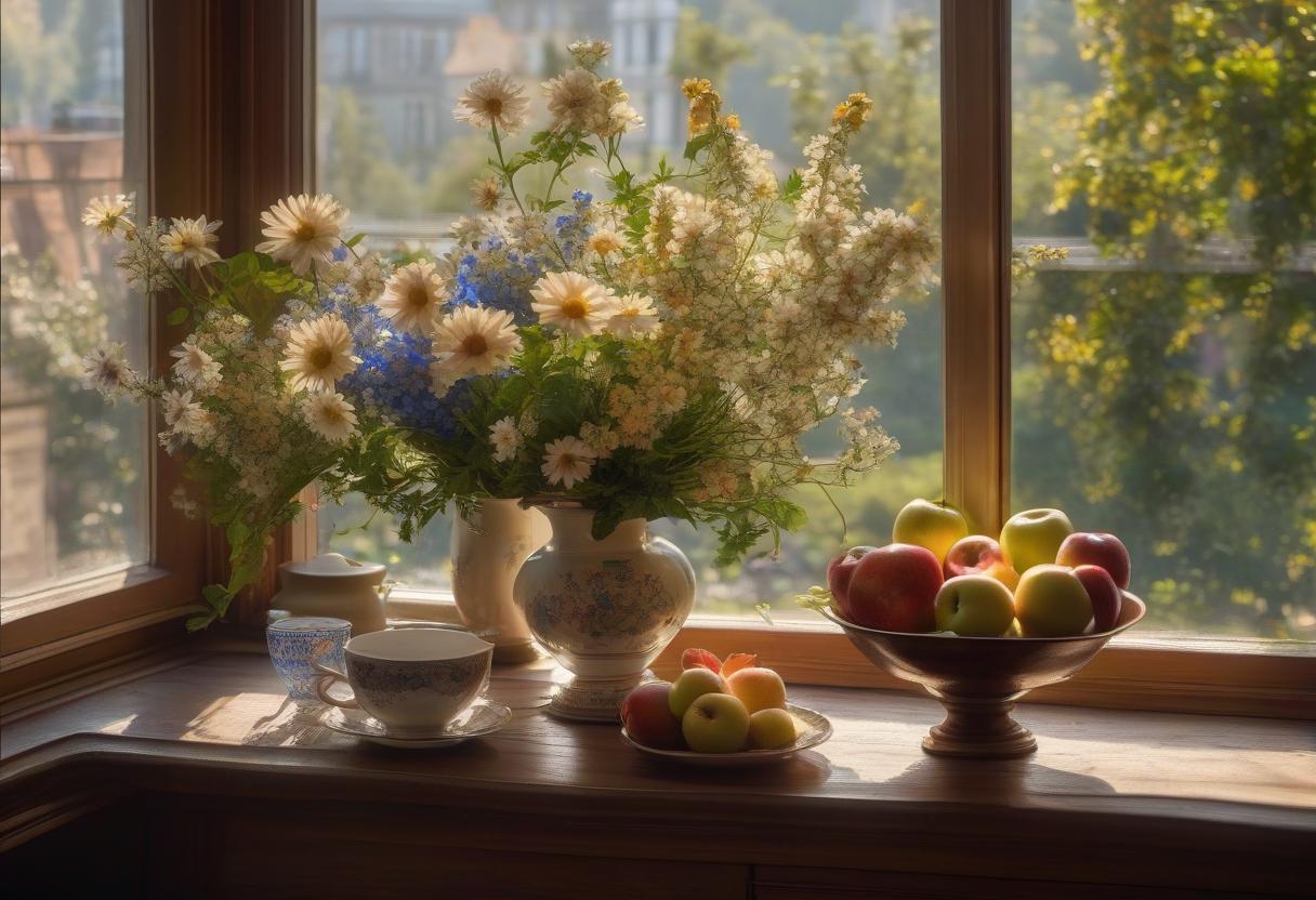  Vase with flowers, a tea cup and a fruit bowl on the table. Vase: filled with a bouquet of field flowers daisies, larkspur, and chrysanthemums. Bowl: filled with apples, pears, and grapes. Table: made of wood, with a brown surface, covered with a tablecloth with lace. Background: Window with sill. On the sill indoor plants and a cat. Outside the window a summer landscape. Lighting: Natural, coming through the window, illuminating the vase, bowl, and fruit. Composition: The vase is in the center of the table. The fruit bowl and tea cup are to the left of the vase. Style: Constantin Korovin. hyperrealistic, full body, detailed clothing, highly detailed, cinematic lighting, stunningly beautiful, intricate, sharp focus, f/1. 8, 85mm, (centered image composition), (professionally color graded), ((bright soft diffused light)), volumetric fog, trending on instagram, trending on tumblr, HDR 4K, 8K