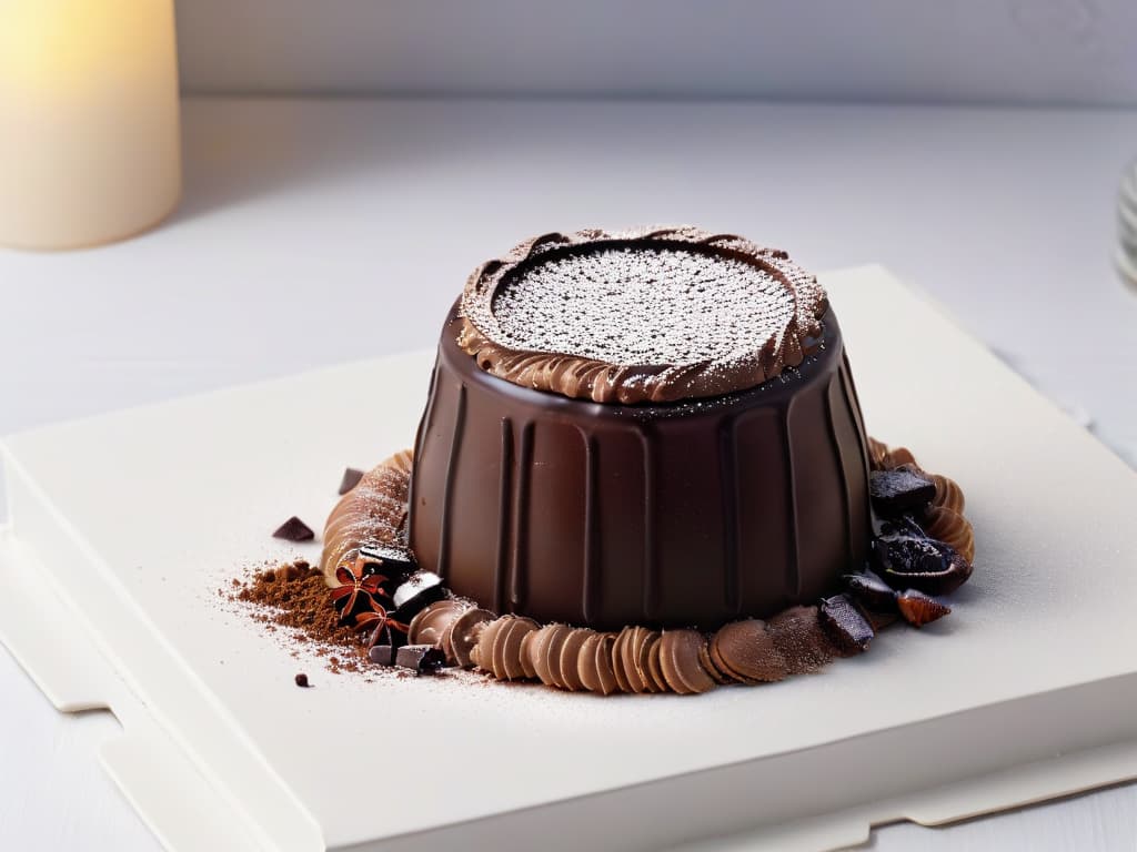  A closeup, ultradetailed image of a rich, dark chocolate truffle being delicately dusted with cocoa powder, showcasing the intricate texture and glossy finish of the confection. The lighting is soft, casting a subtle glow that highlights the fine details of the dessert, emphasizing its indulgent and luxurious nature. This minimalist image captures the essence of the decadent world of chocolate in the realm of pastry, evoking a sense of sophistication and elegance. hyperrealistic, full body, detailed clothing, highly detailed, cinematic lighting, stunningly beautiful, intricate, sharp focus, f/1. 8, 85mm, (centered image composition), (professionally color graded), ((bright soft diffused light)), volumetric fog, trending on instagram, trending on tumblr, HDR 4K, 8K