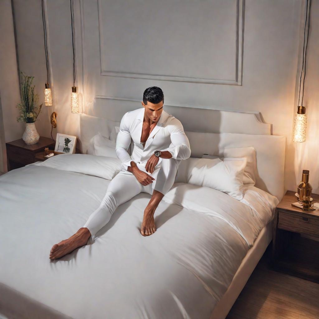  Cristiano Ronaldo Lying on his bed in white underwear hyperrealistic, full body, detailed clothing, highly detailed, cinematic lighting, stunningly beautiful, intricate, sharp focus, f/1. 8, 85mm, (centered image composition), (professionally color graded), ((bright soft diffused light)), volumetric fog, trending on instagram, trending on tumblr, HDR 4K, 8K