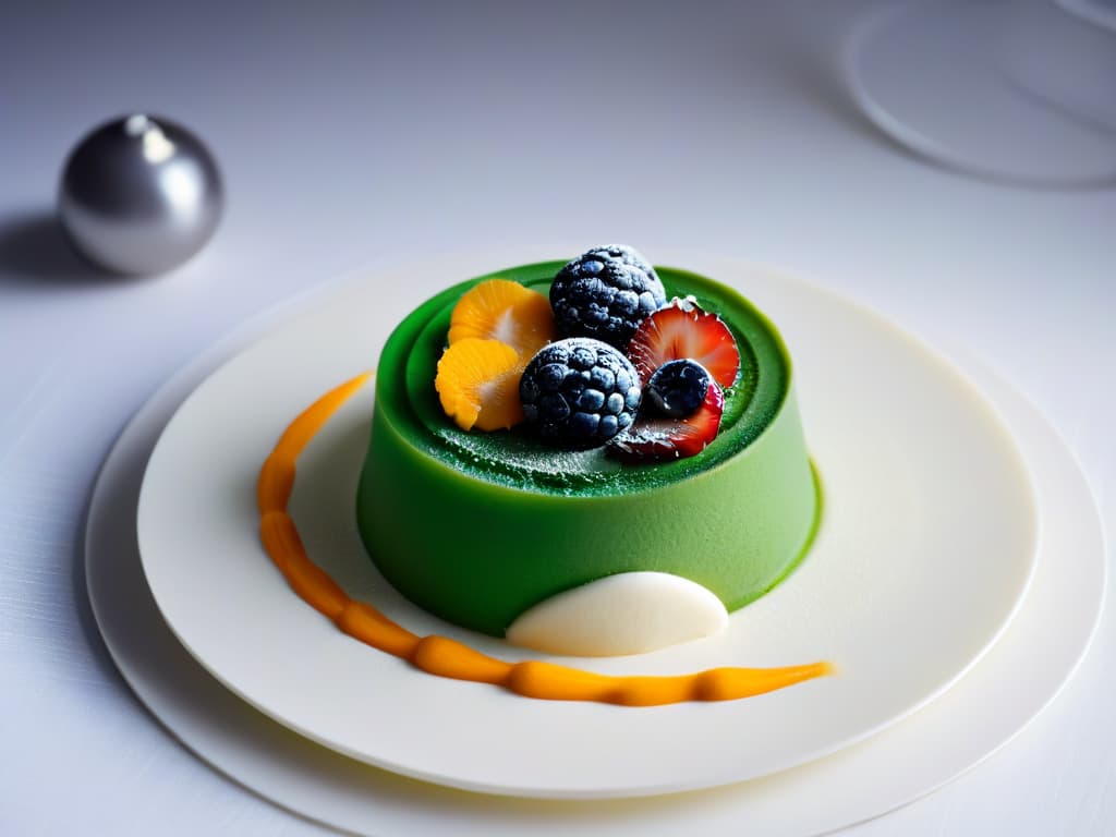  A closeup, ultrahighresolution image of a delicately crafted 3D printed dessert, showcasing intricate details and vibrant colors. The dessert is elegantly presented on a sleek, modern plate, with soft lighting emphasizing its texture and design. The background is blurred to keep the focus on the dessert, creating a visually appealing and minimalistic composition that embodies the fusion of technology and gastronomy in personalized nutrition. hyperrealistic, full body, detailed clothing, highly detailed, cinematic lighting, stunningly beautiful, intricate, sharp focus, f/1. 8, 85mm, (centered image composition), (professionally color graded), ((bright soft diffused light)), volumetric fog, trending on instagram, trending on tumblr, HDR 4K, 8K