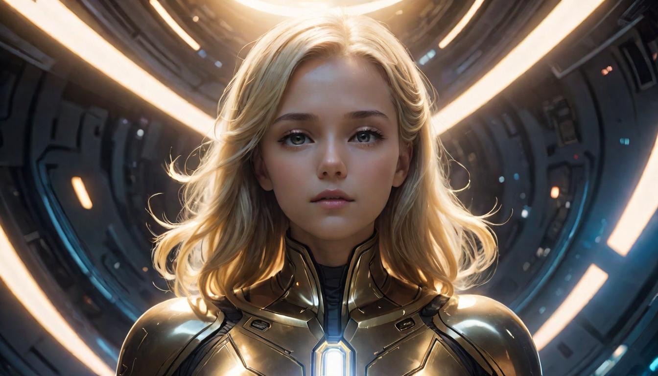  1girl, large busted attractive blonde arian female humanoid, eyes closed in meditation, surrounded by radiant light and symbols, theme of divine origins and purpose, high tech clothing clad in sleek, futuristic costume with metallic accents and form fitting designs, marvel superhero comics style, unreal engine rendering