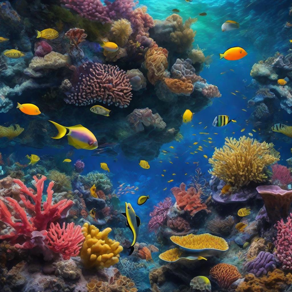  masterpiece, best quality, beautiful deep sea full of corals, diverse marine life and fascinating underwater landscapes with corals, appendages, small fish, anemones, dolphins, various algae, caves, colorful, 8k resolution and intricate detail