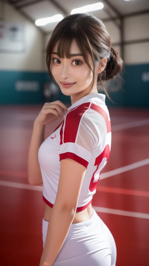  /imagine 32K images, cinematography and exotic lighting, old beautiful , volleyball uniform, in small bloomers, camel claws, , nice round , court floor, , Japanese, cute, big eyes, long eyelashes, fringe, well-groomed face, nicely made eyes, small face, ((resembling actress Suzu Hirose)), smiling happily, looking at viewer, smiling, (sweaty uniform), gym, indoor, volleyball court, hyperrealistic, full body, detailed clothing, highly detailed, cinematic lighting, stunningly beautiful, intricate, sharp focus, f/1. 8, 85mm, (centered image composition), (professionally color graded), ((bright soft diffused light)), volumetric fog, trending on instagram, trending on tumblr, HDR 4K, 8K