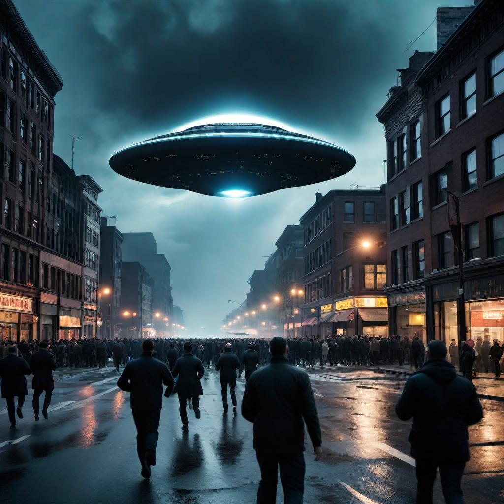  A scene of chaos in a city street with people running in all directions, displaying clear signs of fear and panic. The sky above is dark, with a large, ominous UFO hovering ominously. The UFO has bright lights shining from beneath it, casting eerie glows on the buildings and streets below. Despite the terror, the scene is filled with a sense of wonder and the unknown, as the UFO represents a mysterious and frightening event unfolding. hyperrealistic, full body, detailed clothing, highly detailed, cinematic lighting, stunningly beautiful, intricate, sharp focus, f/1. 8, 85mm, (centered image composition), (professionally color graded), ((bright soft diffused light)), volumetric fog, trending on instagram, trending on tumblr, HDR 4K, 8K