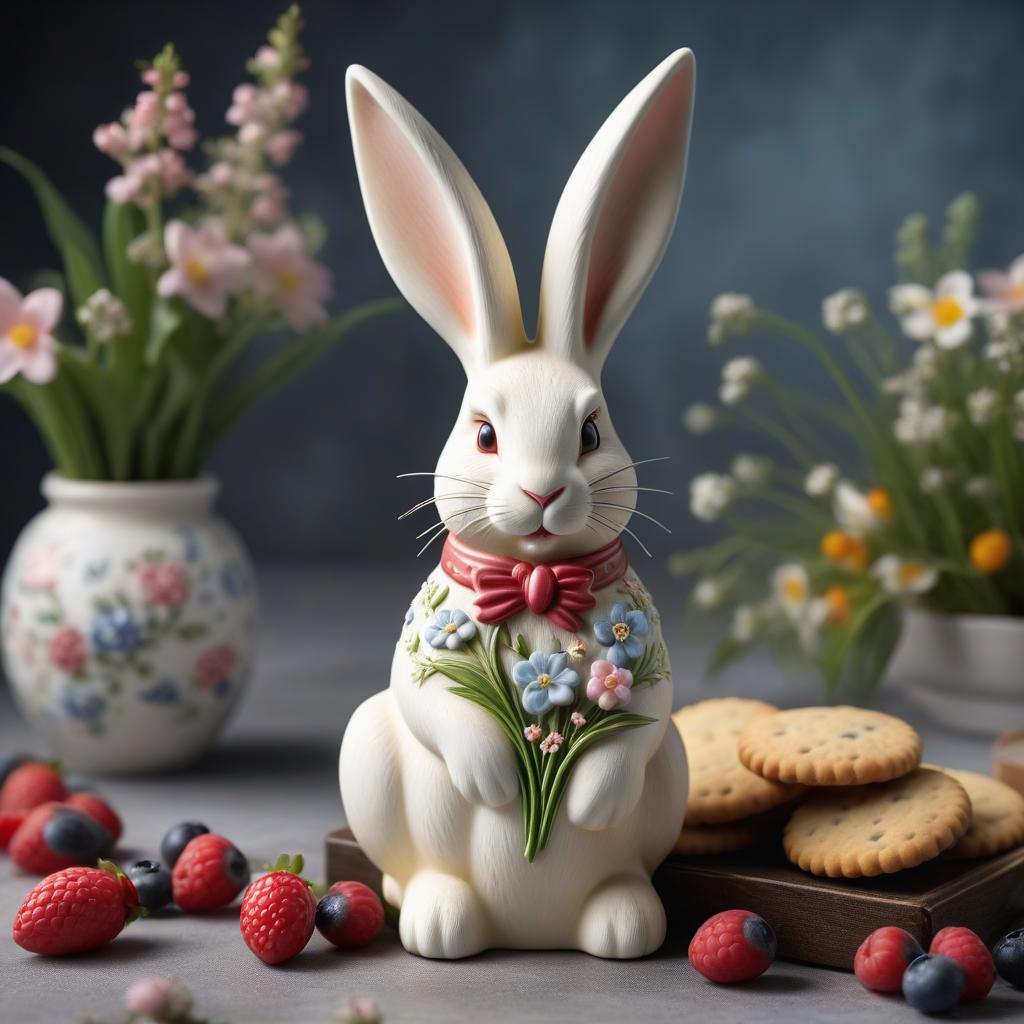  A tall easter bunny shaped biscuit 1.1. Glaze applied only on top. Think of an unusual decoration on the glaze, using berries and small flowers, eggs. hyperrealistic, full body, detailed clothing, highly detailed, cinematic lighting, stunningly beautiful, intricate, sharp focus, f/1. 8, 85mm, (centered image composition), (professionally color graded), ((bright soft diffused light)), volumetric fog, trending on instagram, trending on tumblr, HDR 4K, 8K