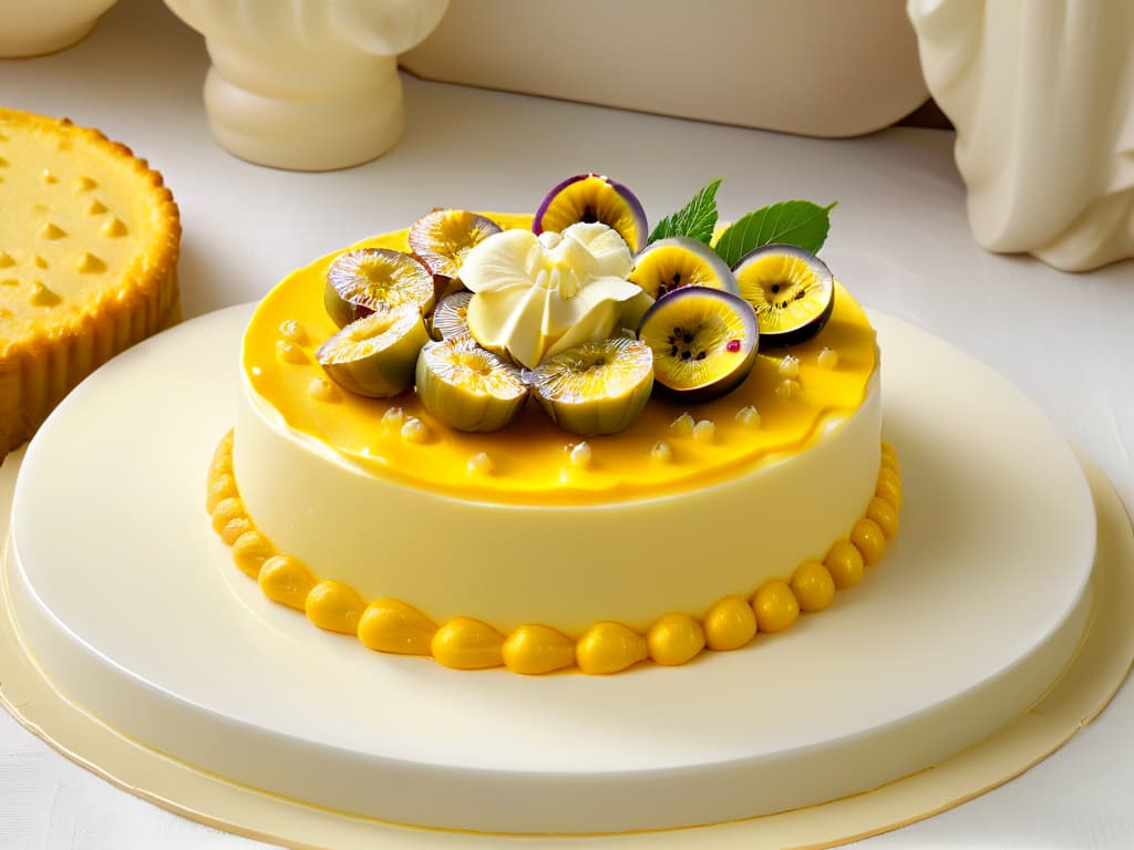  A closeup, ultradetailed image of a decadent slice of white chocolate and passion fruit tart, showcasing the intricate layers of silky white chocolate ganache, tangy passion fruit curd, and a perfectly crumbly biscuit base. The glossy glaze on top reflects the light, emphasizing the richness and texture of this exquisite dessert. hyperrealistic, full body, detailed clothing, highly detailed, cinematic lighting, stunningly beautiful, intricate, sharp focus, f/1. 8, 85mm, (centered image composition), (professionally color graded), ((bright soft diffused light)), volumetric fog, trending on instagram, trending on tumblr, HDR 4K, 8K