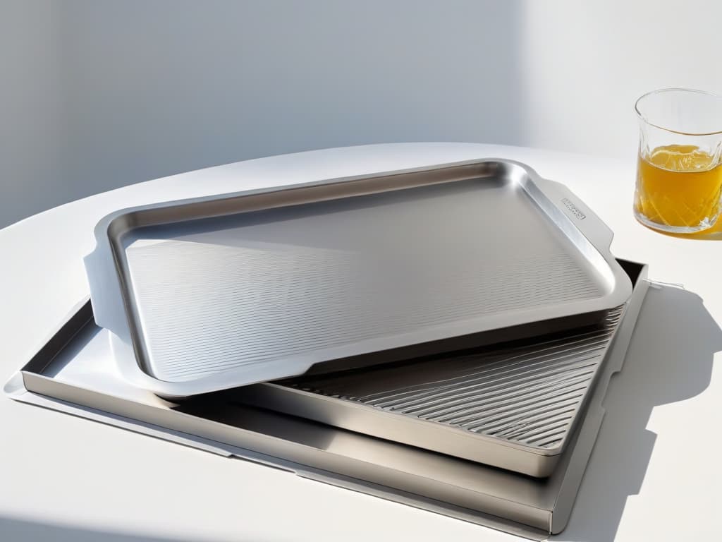  An ultradetailed closeup image of a shiny aluminum baking tray and a sleek stainless steel baking tray side by side on a crisp white background, showcasing their intricate designs, smooth surfaces, and reflective qualities. The aluminum tray glistens under the light, emphasizing its lightweight and heatconducting properties, while the stainless steel tray exudes a modern and durable appeal with its brushed finish and sturdy build. hyperrealistic, full body, detailed clothing, highly detailed, cinematic lighting, stunningly beautiful, intricate, sharp focus, f/1. 8, 85mm, (centered image composition), (professionally color graded), ((bright soft diffused light)), volumetric fog, trending on instagram, trending on tumblr, HDR 4K, 8K