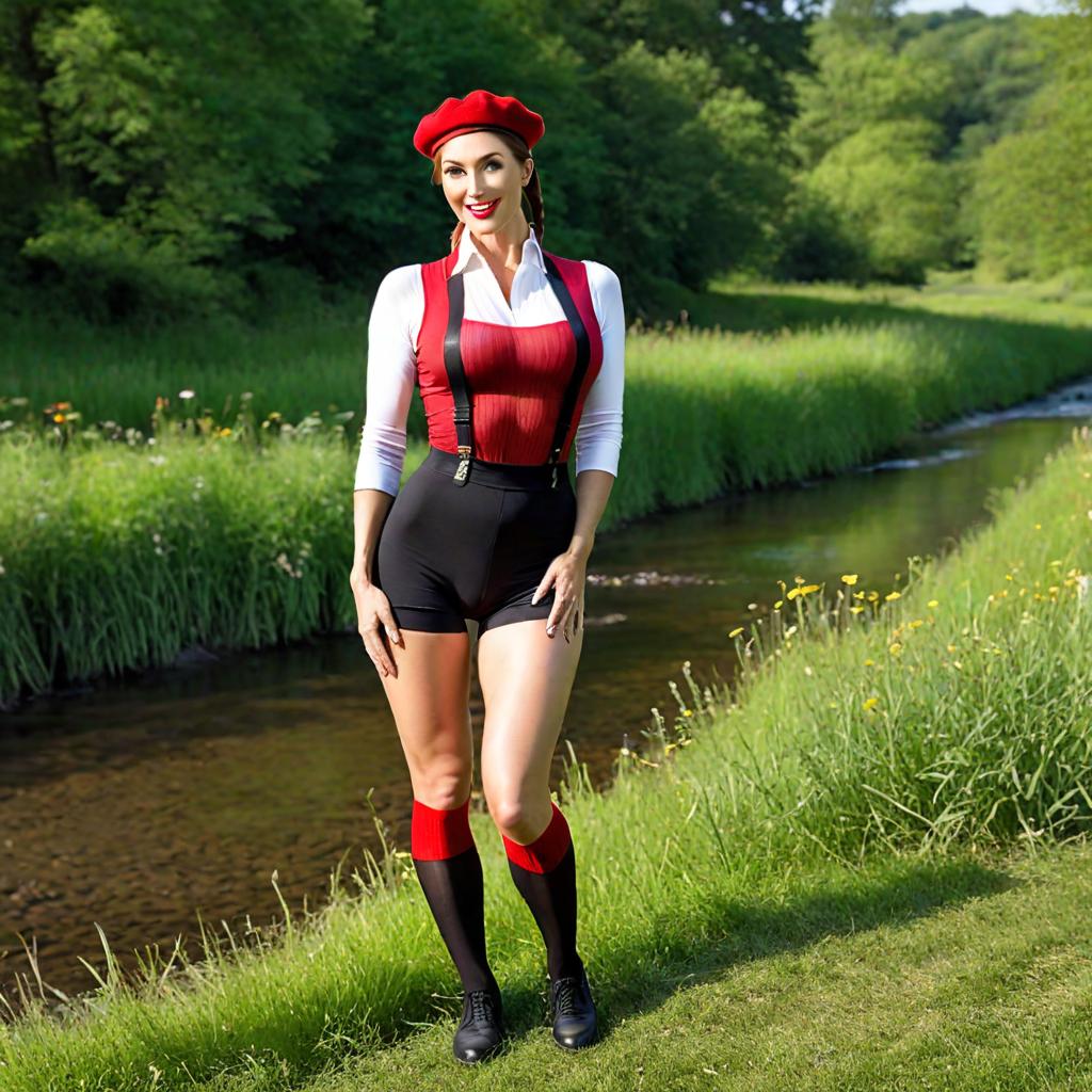  , Full Body photograph of old white fair skinned Woman with high cheekbones, visually striking, conventionally attractive face with Happy face, brown hair in pigtails and ponytail hairstyle athletic body with medium s, small hips, medium muscle tone, (wearing beret, red zier with black straps, fishnet stockings with garter)++, background is a meadow by a stream, photorealistic, 8k, highly detailed, ultra realistic, masterpiece, hyper detailed, cinematic lighting hyperrealistic, full body, detailed clothing, highly detailed, cinematic lighting, stunningly beautiful, intricate, sharp focus, f/1. 8, 85mm, (centered image composition), (professionally color graded), ((bright soft diffused light)), volumetric fog, trending on instagram, trending on tumblr, HDR 4K, 8K