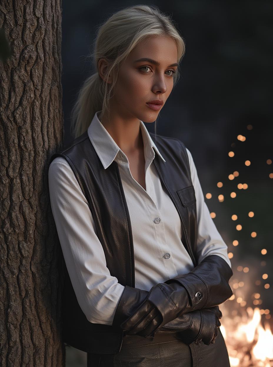  detail, photo, cinscene, dreamwalking a short woman with white hair in a ponytail, brown skin, grey eyes, white clothes. over the white clothes is a leather vest, leather vambraces, and leather gloves. it is night time. she is standing with her back leaning against a tree. her face is illuminated by a campfire. embers blow in the wind. she stares off into the distance.