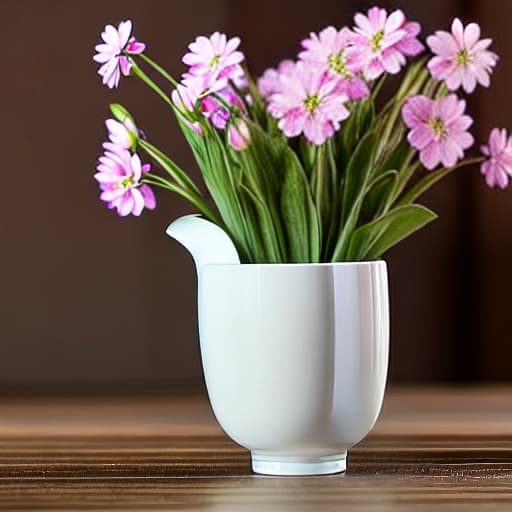  A large white porcelain cup on a brown table and some flowers around it hyperrealistic, full body, detailed clothing, highly detailed, cinematic lighting, stunningly beautiful, intricate, sharp focus, f/1. 8, 85mm, (centered image composition), (professionally color graded), ((bright soft diffused light)), volumetric fog, trending on instagram, trending on tumblr, HDR 4K, 8K