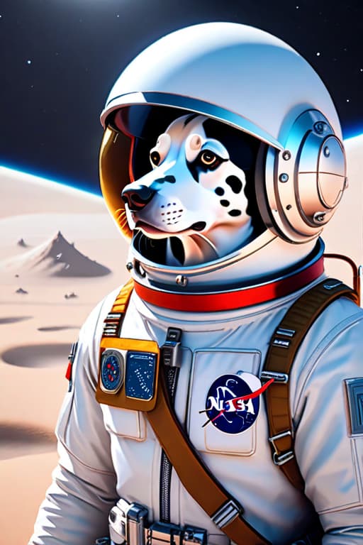  cartoon painting of three Dalmatians , in space suits on the Moon , high detailed , 8K hyperrealistic, full body, detailed clothing, highly detailed, cinematic lighting, stunningly beautiful, intricate, sharp focus, f/1. 8, 85mm, (centered image composition), (professionally color graded), ((bright soft diffused light)), volumetric fog, trending on instagram, trending on tumblr, HDR 4K, 8K