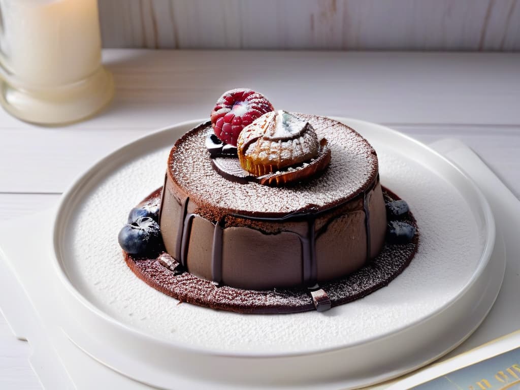  An ultradetailed closeup image of a decadent chocolate lava cake on a sleek, modern plate, surrounded by a subtle haze of steam that creates a dreamy, atmospheric effect. The cake is perfectly moist with a rich, gooey center oozing out, topped with a delicate dusting of powdered sugar and a single fresh raspberry perched on the side, all set against a softfocused background to emphasize the dessert's luxurious texture and indulgent appeal. hyperrealistic, full body, detailed clothing, highly detailed, cinematic lighting, stunningly beautiful, intricate, sharp focus, f/1. 8, 85mm, (centered image composition), (professionally color graded), ((bright soft diffused light)), volumetric fog, trending on instagram, trending on tumblr, HDR 4K, 8K