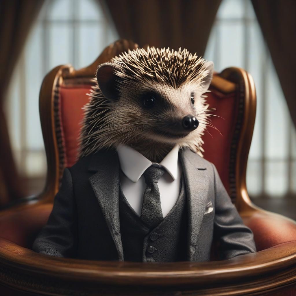  Hedgehog sits in the president's chair in a tuxedo. hyperrealistic, full body, detailed clothing, highly detailed, cinematic lighting, stunningly beautiful, intricate, sharp focus, f/1. 8, 85mm, (centered image composition), (professionally color graded), ((bright soft diffused light)), volumetric fog, trending on instagram, trending on tumblr, HDR 4K, 8K