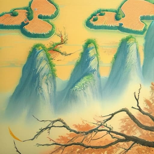  Chinese and distant, autu painting, mountains,, ethereal mn colors, ancient trees,