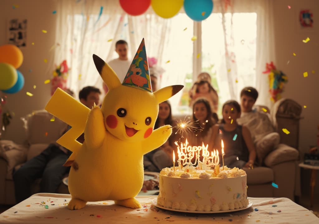  good quality, high quality, a hyper realistic scene of a young joyfully celeting her birthday with pikachu. the setting is a bright, festive living room, filled with colorful balloons and streamers hanging from the ceiling. in the center, a large birthday cake sits on a decorated table, with the message 'happy birthday anu ' written on it in icing. the is wearing a party hat, smiling happily, as pikachu stands beside her, holding a small sparkler in its hand. confetti is gently falling through the air, adding to the celetory mood. the room is filled with friends and family, their faces lit with joy, as vint decorations surround the scene. pikachu's yellow fur and the warm, ambient lighting create a cozy, fun atmosphere, c