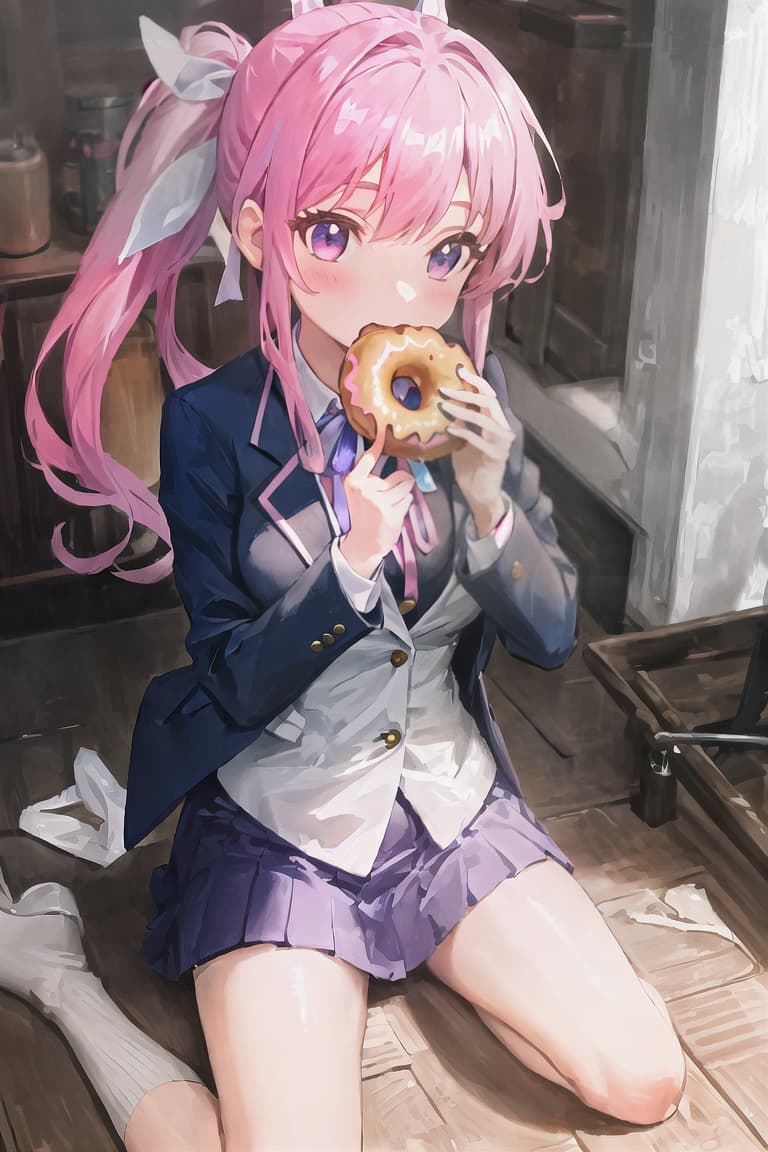  master piece , best quality,High school girl, ponytail, blue blazer, pink ribbon, eating donut