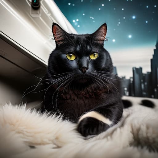  black cat on a background of space hyperrealistic, full body, detailed clothing, highly detailed, cinematic lighting, stunningly beautiful, intricate, sharp focus, f/1. 8, 85mm, (centered image composition), (professionally color graded), ((bright soft diffused light)), volumetric fog, trending on instagram, trending on tumblr, HDR 4K, 8K