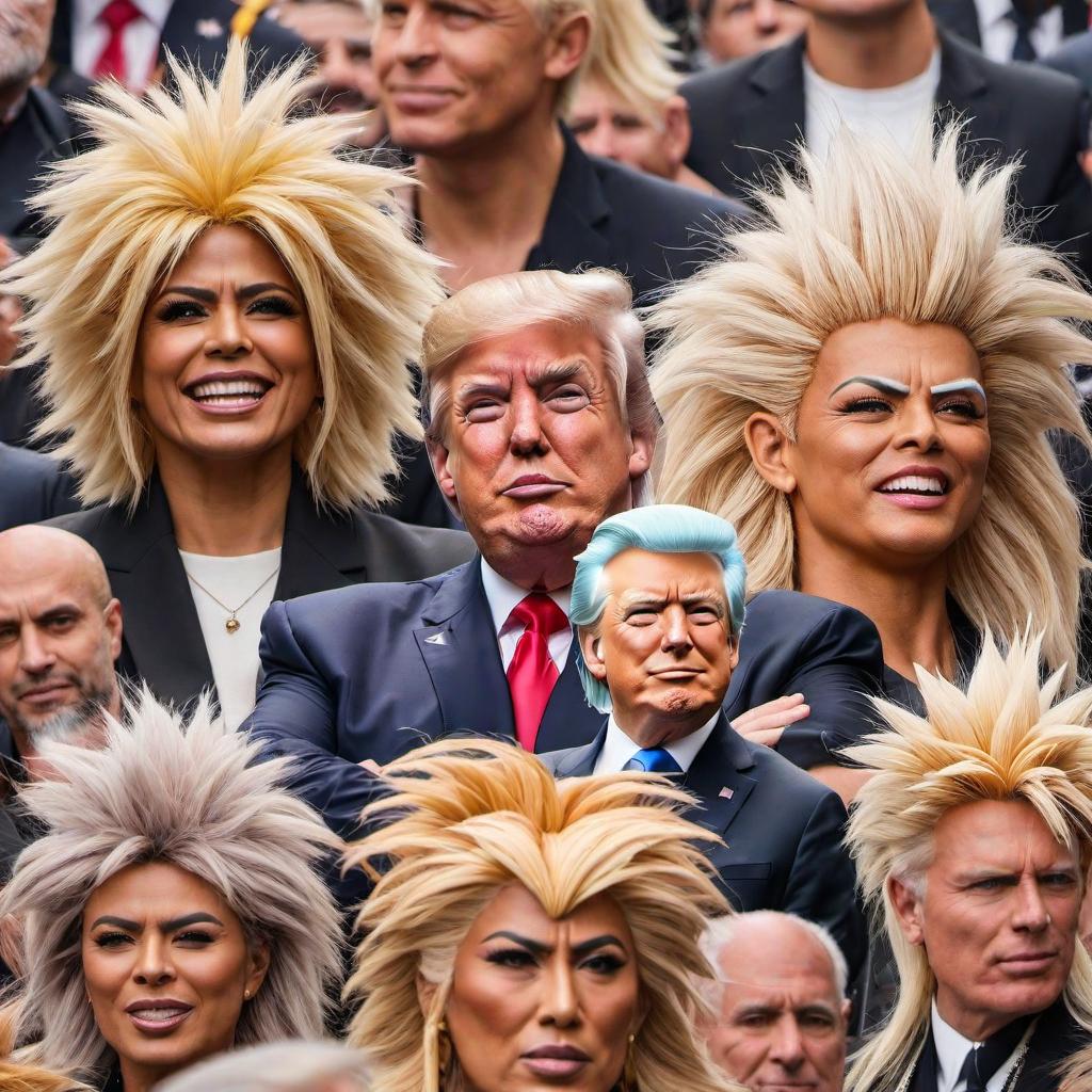  /hiresai Donald trump with saiyan hair hyperrealistic, full body, detailed clothing, highly detailed, cinematic lighting, stunningly beautiful, intricate, sharp focus, f/1. 8, 85mm, (centered image composition), (professionally color graded), ((bright soft diffused light)), volumetric fog, trending on instagram, trending on tumblr, HDR 4K, 8K