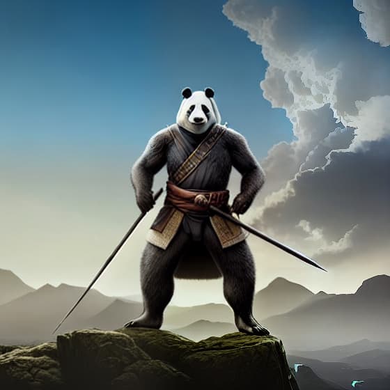  An anthropomorphic panda man, handsome and handsome, armed with bamboo and wearing a cape，by Peter Mohrbacher, Ian McQue, Satoshi Kon, Norman Rockwell, Ralph McQuarrie, James Jean hyperrealistic, full body, detailed clothing, highly detailed, cinematic lighting, stunningly beautiful, intricate, sharp focus, f/1. 8, 85mm, (centered image composition), (professionally color graded), ((bright soft diffused light)), volumetric fog, trending on instagram, trending on tumblr, HDR 4K, 8K