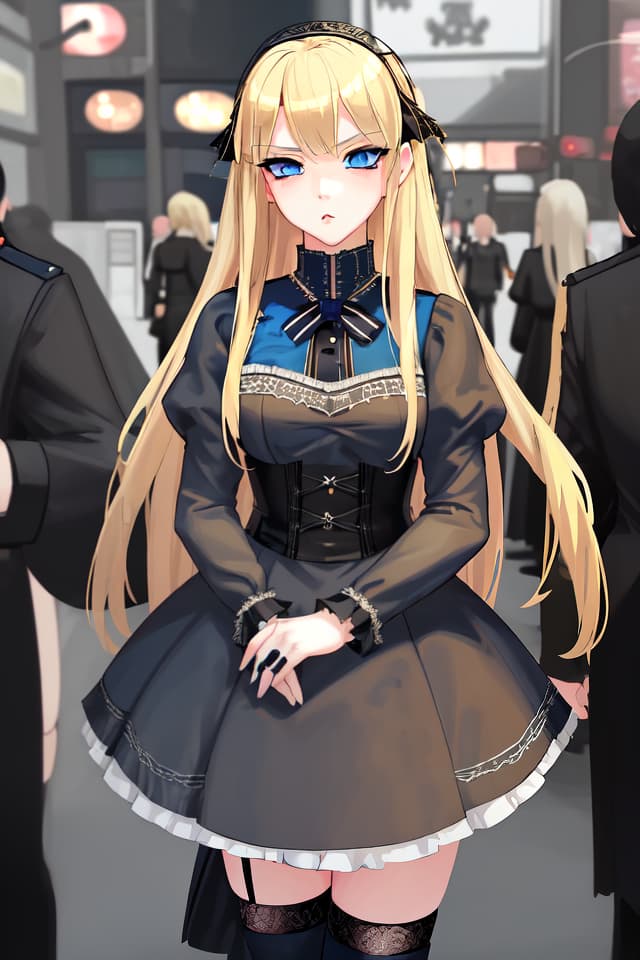  Beautiful girl,Masterpiece ((blonde hair,blue eyes)) military style gothic lolita fashion,tsundere face,in front of Shibuya station,high quality,8K,16k