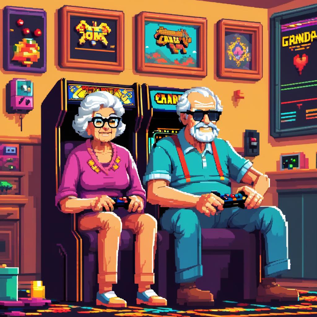  retro arcade style Grandpa and grandmother are playing games together at home  --e sdxlceshi . 8-bit, pixelated, vibrant, classic video game, old gaming, reminiscent of 80s and 90s arcade games
