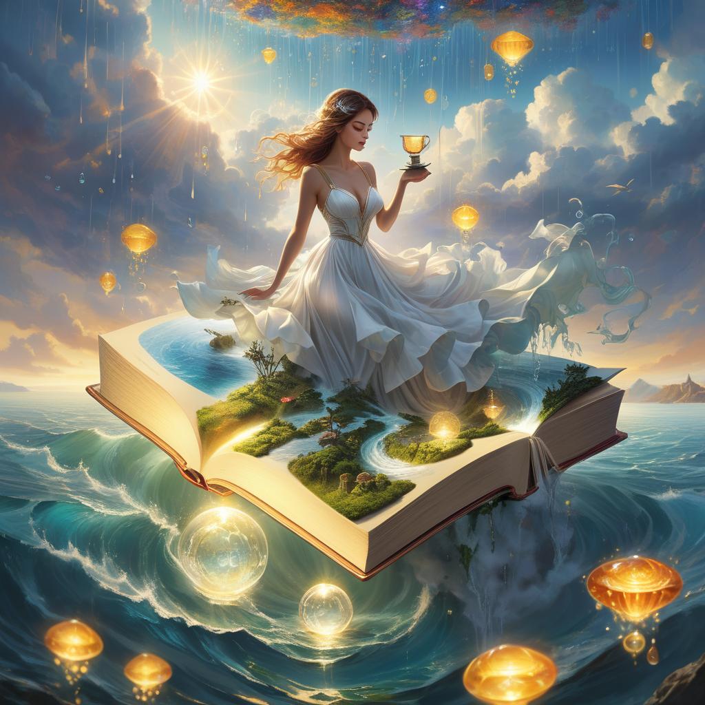  (digital painting, surrealism:1.2), magical world inside a book, rain and islands floating on the surface, small sun shining above the cup, dreamlike atmosphere, fantastical colors blending seamlessly, swirling lights dancing across the miniature landscape, beautiful girl with white dress hyperrealistic, full body, detailed clothing, highly detailed, cinematic lighting, stunningly beautiful, intricate, sharp focus, f/1. 8, 85mm, (centered image composition), (professionally color graded), ((bright soft diffused light)), volumetric fog, trending on instagram, trending on tumblr, HDR 4K, 8K