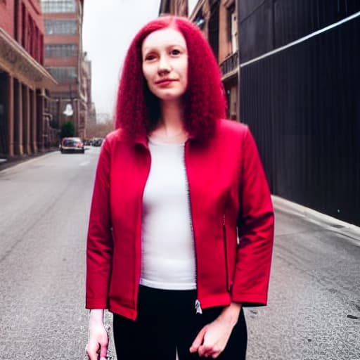  Woman with red hair and a black jacket is standing in a city