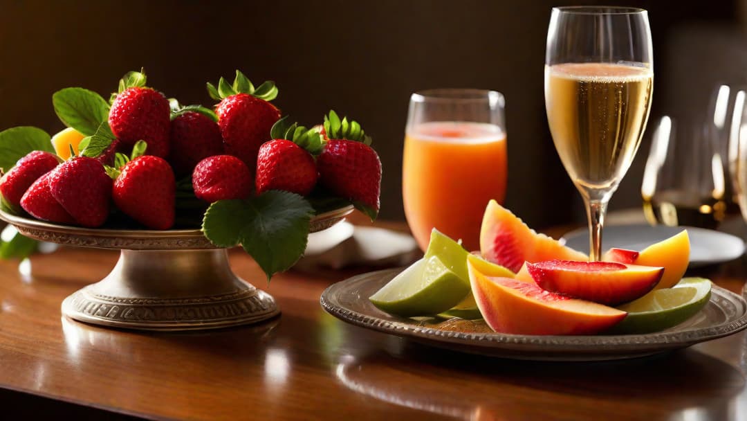  Create an image that showcases a perfect pairing of champagne with an assortment of fruits, such as juicy strawberries, succulent peaches, and refreshing citrus slices, to visually illustrate the article "What Fruit Goes with Champagne". hyperrealistic, full body, detailed clothing, highly detailed, cinematic lighting, stunningly beautiful, intricate, sharp focus, f/1. 8, 85mm, (centered image composition), (professionally color graded), ((bright soft diffused light)), volumetric fog, trending on instagram, trending on tumblr, HDR 4K, 8K