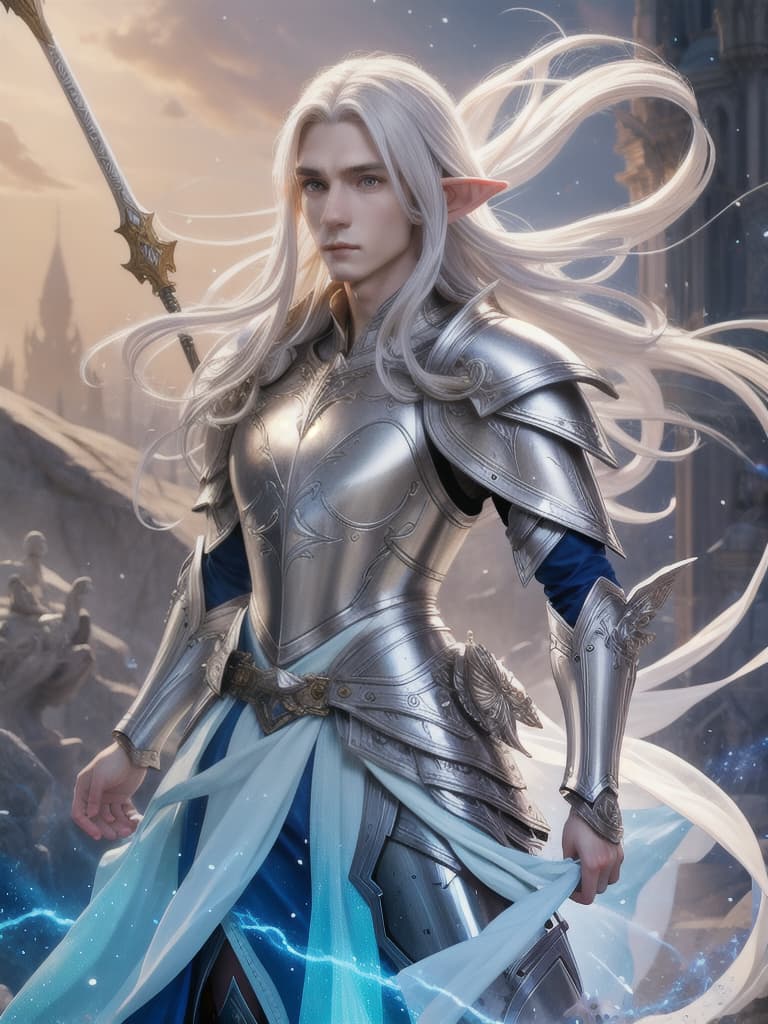  ethereal fantasy concept art of male elf, tall, pale skin, grey eyes, mature, white hair, medieval armor, silver armor, oversized shoulder pads, silver gauntlets, athletic build, leaning on two handed maul, dynamic lighting, saturated colors, high contrast,. magnificent, celestial, ethereal, painterly, epic, majestic, magical, fantasy art, cover art, dreamy