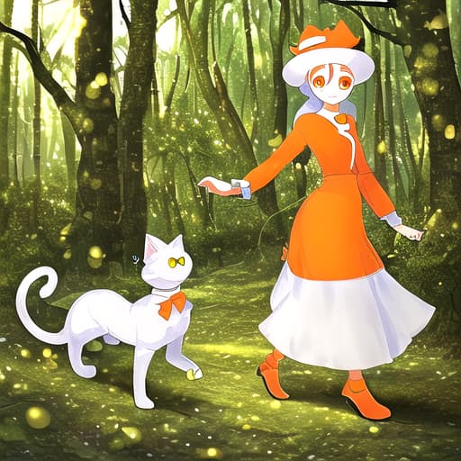  a cute and beautiful White cat wearing designer orange outfit with hat to walking in forest