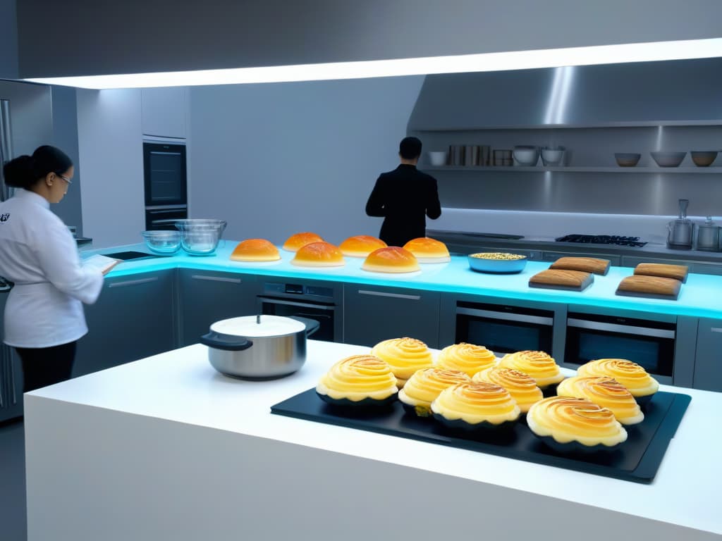  An ultradetailed 8k image of a sleek, modern kitchen filled with advanced augmented reality baking equipment like AR glasses displaying digital recipes, holographic ingredient displays, and interactive virtual ovens. The countertops are immaculately organized with hightech baking tools, while a student chef, with a look of wonder and determination, follows along with a virtual tutorial projected in front of them. The overall aesthetic is clean, futuristic, and highly sophisticated, emphasizing the seamless integration of augmented reality technology into the world of pastry education. hyperrealistic, full body, detailed clothing, highly detailed, cinematic lighting, stunningly beautiful, intricate, sharp focus, f/1. 8, 85mm, (centered image composition), (professionally color graded), ((bright soft diffused light)), volumetric fog, trending on instagram, trending on tumblr, HDR 4K, 8K