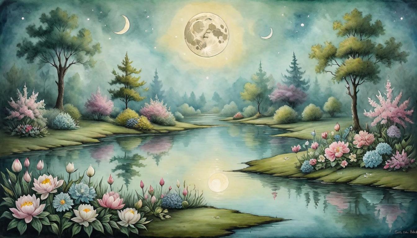  on parchment, surrealism+++, A serene pond reflecting the moon, surrounded by flowers in bloom, serene stillness, intuitive enhancement, feeling the unseen, natural attunement(mysterious, provocative, symbolic,muted color)+++