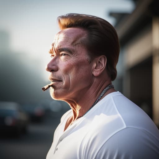  arnold schwarzenegger smokes cigar, hyperrealistic, high quality, highly detailed, cinematic lighting, intricate, sharp focus, f/1. 8, 85mm, (centered image composition), (professionally color graded), ((bright soft diffused light)), volumetric fog, trending on instagram, HDR 4K, 8K