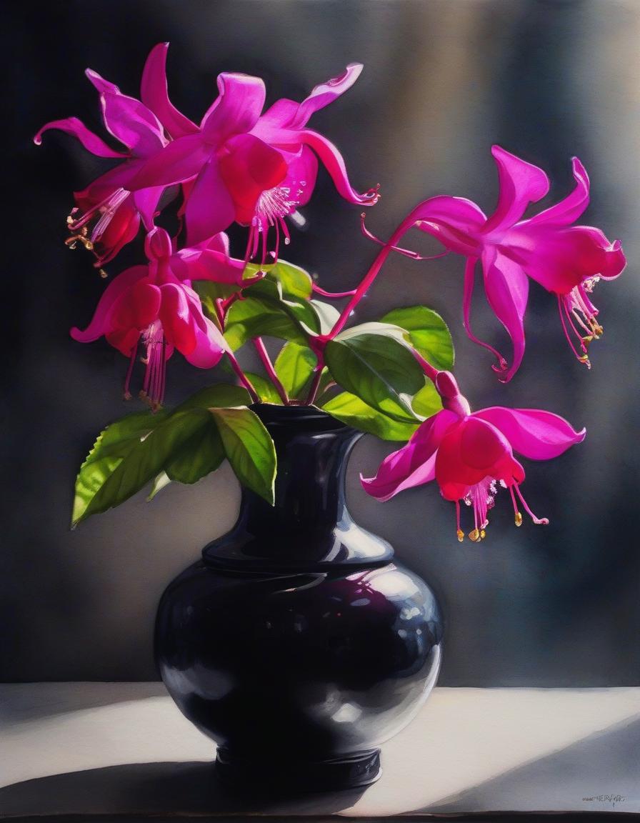  cinematic film still "Fuchsia flowers in a black vase.. watercolor painting" . shallow depth of field, vignette, highly detailed, high budget, bokeh, cinemascope, moody, epic, gorgeous, film grain, grainy hyperrealistic, full body, detailed clothing, highly detailed, cinematic lighting, stunningly beautiful, intricate, sharp focus, f/1. 8, 85mm, (centered image composition), (professionally color graded), ((bright soft diffused light)), volumetric fog, trending on instagram, trending on tumblr, HDR 4K, 8K