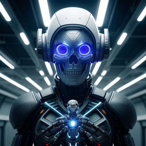  a robot holding a human skull on its hand, perfect symmetrical body, full body shot, inflateble shapes, wires, tubes, veins, white biomechanical, wearing epic bionic cybor implants, masterpiece, intricate, biopunk vogue, highly detailed, artstation, concept art, cyberpunk, octane render , intricate details, photorealistic,hyperrealistic, high quality, highly detailed, cinematic lighting, intricate, sharp focus, f/1. 8, 85mm, (centered image composition), (professionally color graded), ((bright soft diffused light)), volumetric fog, trending on instagram, HDR 4K, 8K