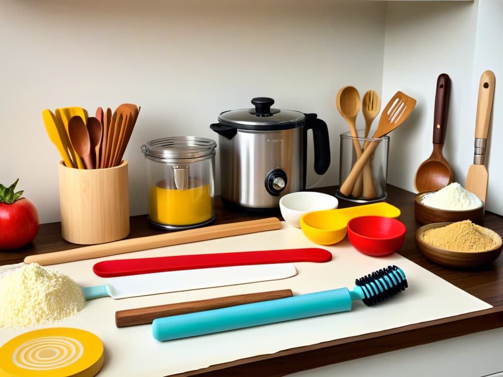  A photorealistic image of a beautifully organized kitchen countertop showcasing a progression of baking utensils, starting with vintage wooden rolling pins and spatulas, leading to modern, sleek silicone baking mats and colorful silicone whisks and spatulas. The image should capture the evolution of baking tools from traditional to contemporary, with a professional and inspiring aesthetic. hyperrealistic, full body, detailed clothing, highly detailed, cinematic lighting, stunningly beautiful, intricate, sharp focus, f/1. 8, 85mm, (centered image composition), (professionally color graded), ((bright soft diffused light)), volumetric fog, trending on instagram, trending on tumblr, HDR 4K, 8K