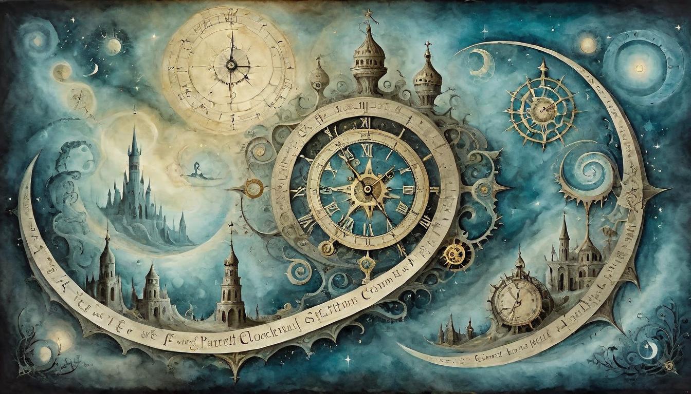  on parchment, surrealism+++, Architect of time, celestial clockwork, sorcerer shaping continuum, ethereal(mysterious, provocative, symbolic,muted color)+++