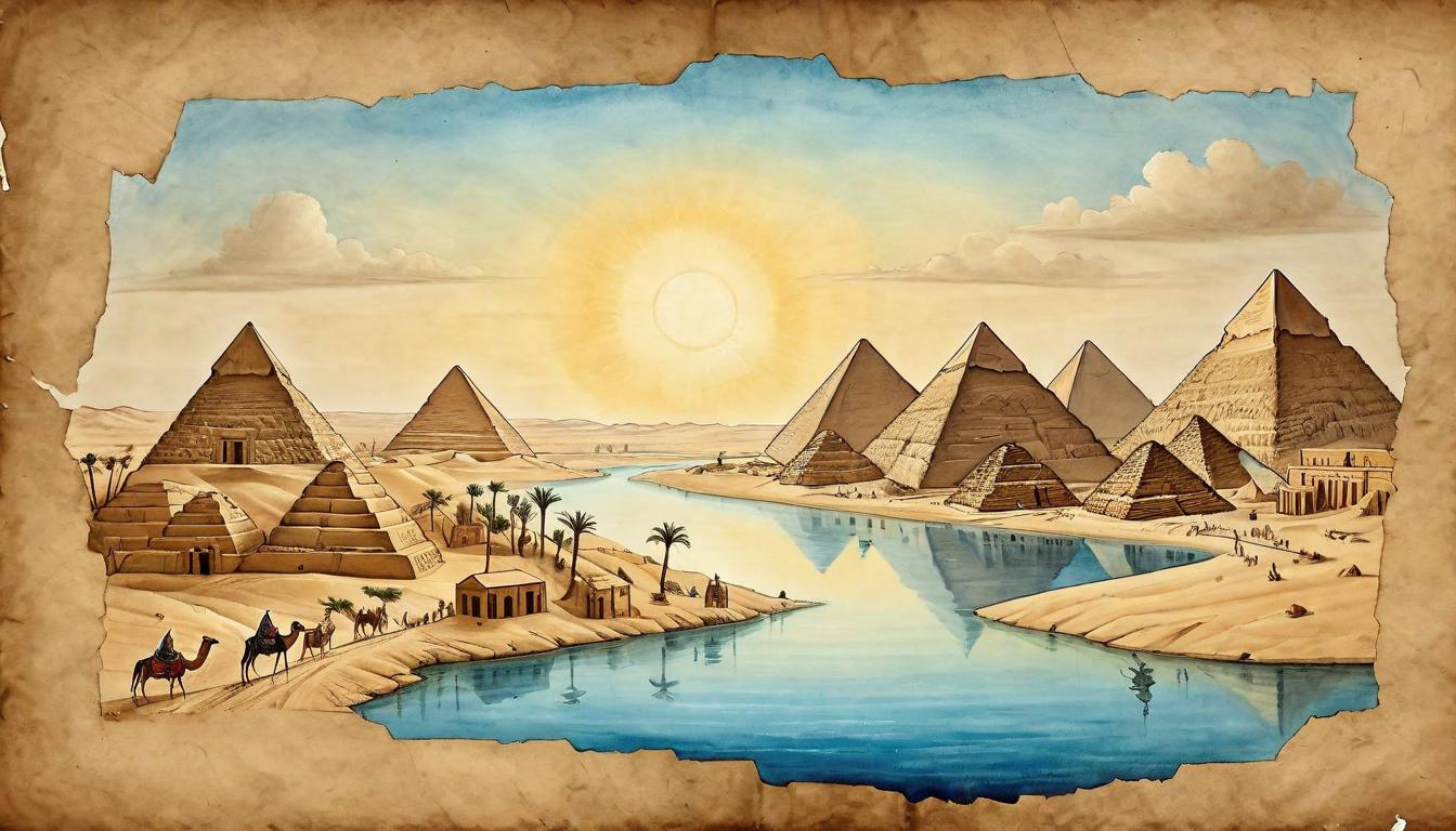  on parchment, surrealism+++, Egypt as seen through Joseph's eyes, a land of potential healing and unity, landscapes of reconciliation. Egypt through wisdom, potential for unity, healing landscapes, vision of reconciliation, vista of peace.(mysterious, provocative, symbolic,muted color)+++