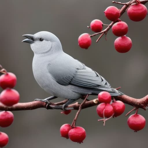  A grey sad bird talking to a group of birds on a red berry tree