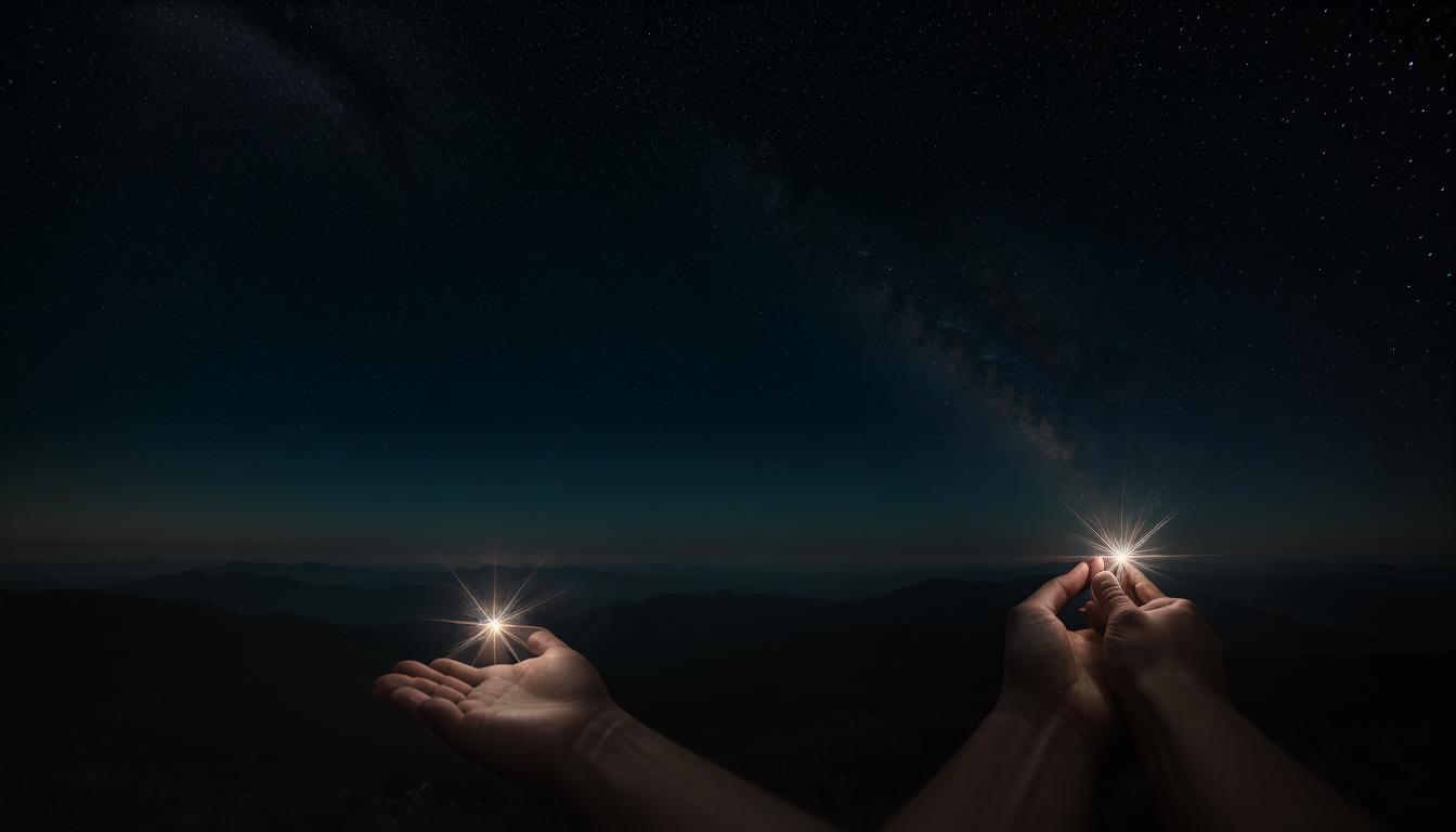  cinematic, aesthetic, Hands gently offering a shining star, symbolizing giving freely of time and energy, outstretched hands, glowing star, luminous offering, generous light, hopeful, 4k, HDR, lens flare