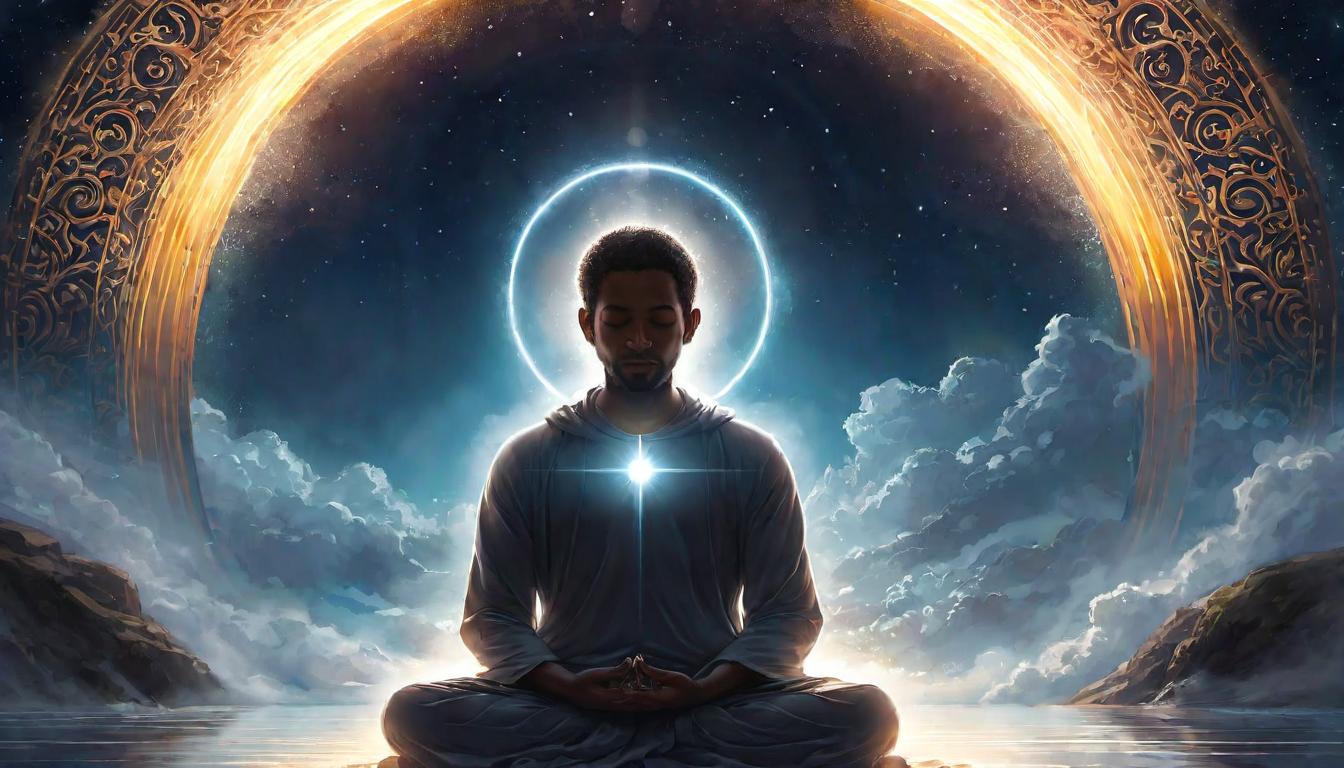  digital illustration, Person meditating with a radiant halo, ethereal light surrounding, clarity, spiritual guidance, inner illumination, looking at viewer, dynamic pose, (intricate details, masterpiece, best quality)