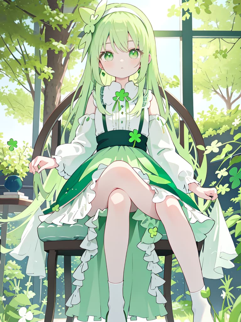  Green Hair, Green Eye, Light Green, clothes are dresses, Skirt, Clover, White Headband, Hikari, Long Hair, sitting, chairs, masterpiece, best quality,8k,ultra detailed,high resolution,an extremely delicate and beautiful,hyper detail