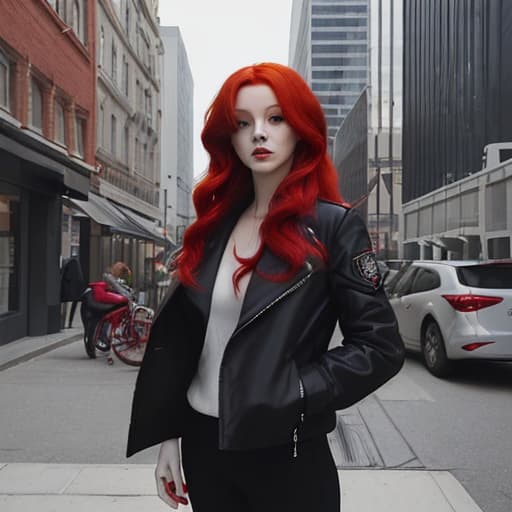  Woman with red hair and a black jacket is standing in a city