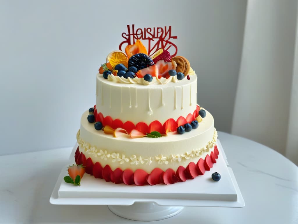  A highresolution, minimalist image of an intricately decorated multilayered cake with vibrant and diverse cultural motifs subtly incorporated into the design. The cake is elegantly displayed on a simple, white marble cake stand, with soft, natural lighting enhancing the intricate details of the frosting and decorations. The image exudes sophistication and creativity, capturing the essence of international pastry artistry and the fusion of different culinary traditions. hyperrealistic, full body, detailed clothing, highly detailed, cinematic lighting, stunningly beautiful, intricate, sharp focus, f/1. 8, 85mm, (centered image composition), (professionally color graded), ((bright soft diffused light)), volumetric fog, trending on instagram, trending on tumblr, HDR 4K, 8K