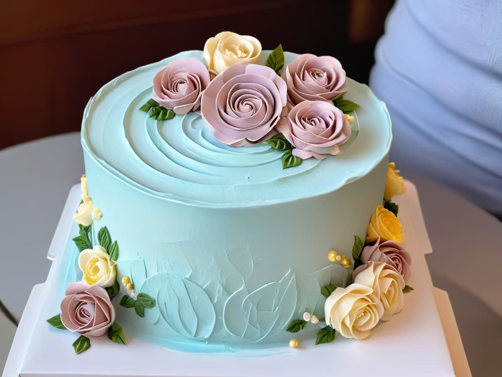  An ultradetailed closeup image of a pair of hands meticulously piping delicate swirls of frosting onto a multilayered cake. The hands belong to a skilled baker, and every tiny detail of the process, from the perfectly formed rosettes of buttercream to the intricate patterns adorning the cake, is captured with stunning clarity. The color palette is soft and pastel, emphasizing the artistry and precision involved in creating a showstopping confection. hyperrealistic, full body, detailed clothing, highly detailed, cinematic lighting, stunningly beautiful, intricate, sharp focus, f/1. 8, 85mm, (centered image composition), (professionally color graded), ((bright soft diffused light)), volumetric fog, trending on instagram, trending on tumblr, HDR 4K, 8K